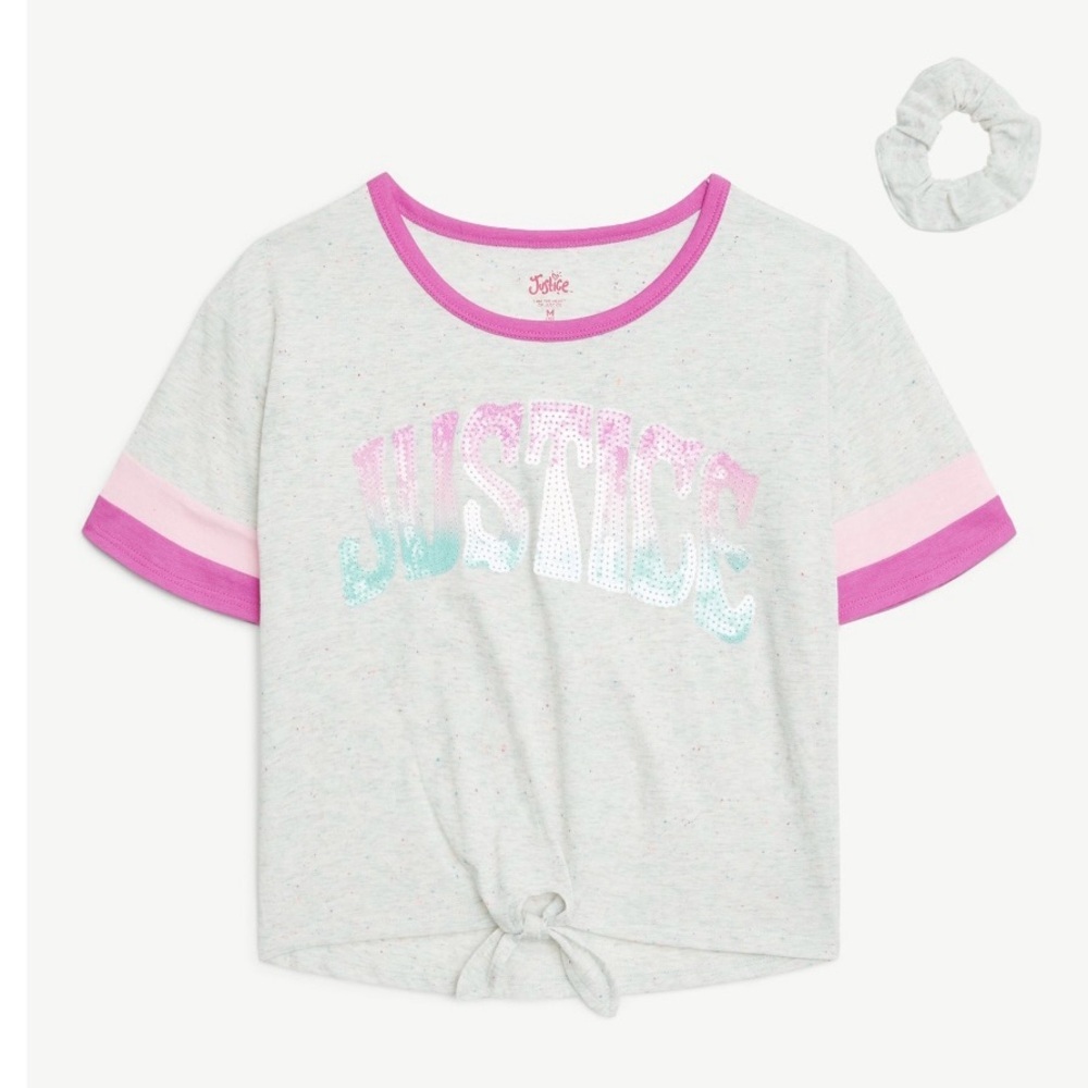 Justice Gray and Pink Tie-Front T-Shirt with Hair Tie! NWT!‎